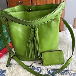 Patricia Nash Leather Shoulder Bucket Bag with Tassel. small matching wallet